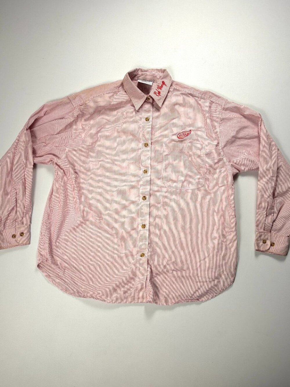Vintage Detroit Red Wings Womens Button Down Shirt Red White Striped Sz L NHL